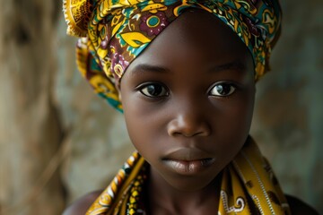 Fototapeta premium Young girl with vibrant headscarf displaying cultural heritage