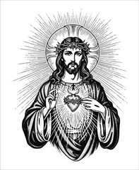 A striking black and white illustration of Jesus Christ, depicted with a crown of thorns, a radiant halo, and his Sacred Heart exposed, conveying divine love and sacrifice.