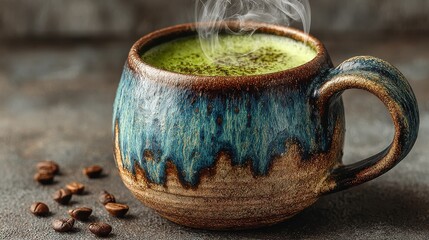 Matcha tea in ceramic mug with vapor and zen style, ideal for wellness articles, mindfulness resources, or healthy cafe advertisements.
