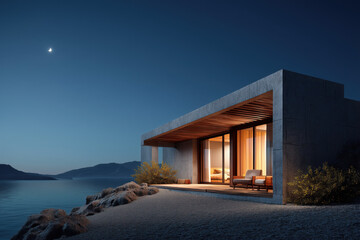 Moonlit Modern Villa with Rocky Shore