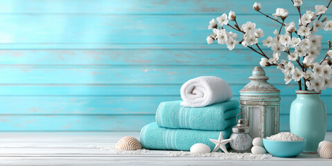 A serene spa or bathroom scene with stacked blue and white towels, a decorative lantern, a vase with white blossoms, and seashell accents, all on a light wooden surface against a blue wooden wall