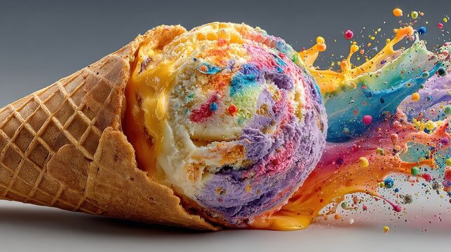 Vibrant melting ice cream with splatter effect on clean background, embodying summer joy for children's advertising, dessert menus, or seasonal campaigns.