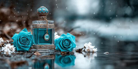 A luxurious and ethereal scene featuring an ornate blue perfume bottle with a golden chain, surrounded by vibrant teal roses and delicate white flowers, all reflected in still water with falling petal