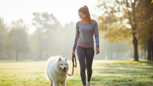 Morning park walk with samoyed in lush green landscape