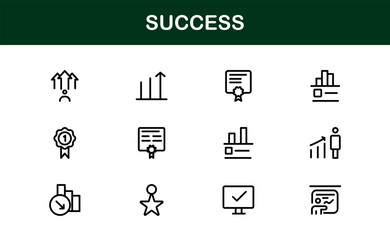 "Success Line Icon Collection – Unique, clean, and creative illustrations of motivation, progress, ambition, and business accomplishment in outline style
"