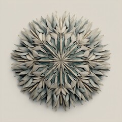 A delicate floral mandala crafted from bamboo leaves showcases intricate patterns, emphasizing the theme of identity. This artwork invites reflection in serene spaces