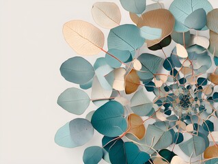 Curved eucalyptus leaves are arranged into a captivating mandala design, showcasing intricate patterns that evoke themes of identity and nature. This artwork serves as a stunning focal point