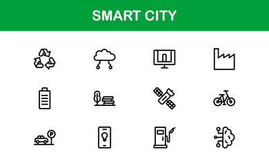 Smart City Line Icon Set – Modern, minimal, and professional smart city symbols representing urban innovation, mobility, infrastructure, and digital services