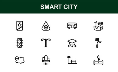 Smart City Line Icon Set – Modern, minimal, and professional smart city symbols representing urban innovation, mobility, infrastructure, and digital services