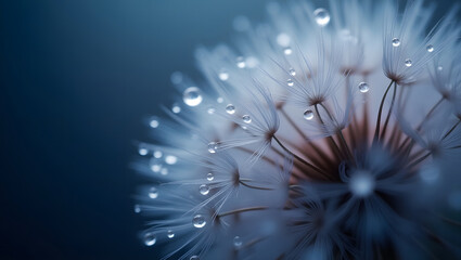 Naklejka premium Dewdrops on a dandelion seed head against a moody blue background