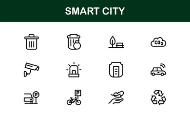 Smart City Line Icon Set – Modern, minimal, and professional smart city symbols representing urban innovation, mobility, infrastructure, and digital services
