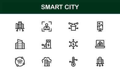 Smart City Line Icon Set – Modern, minimal, and professional smart city symbols representing urban innovation, mobility, infrastructure, and digital services