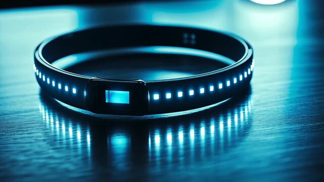 Futuristic fitness tracker glowing on a wooden surface, showcasing technology and modern design