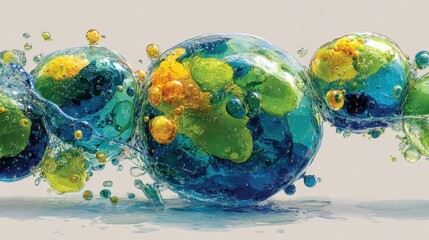 Liquid aqua globe composed of painted water drops for nature conservation concepts, ideal for eco-awareness campaigns, school textbooks, and gallery exhibitions.