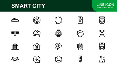 Smart City Line Icon Set – Modern, minimal, and professional smart city symbols representing urban innovation, mobility, infrastructure, and digital services