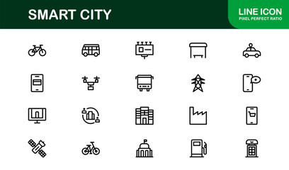 Smart City Line Icon Set – Modern, minimal, and professional smart city symbols representing urban innovation, mobility, infrastructure, and digital services