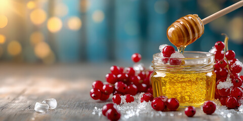 A delightful scene with a honey dipper dripping golden honey into a jar, surrounded by fresh red currants and ice, on a wooden surface with a blurred blue and bokeh background
