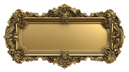 Gold Rectangular Plaque with Ornate Frame on Transparent Background PNG Style

