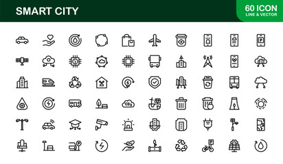 Smart City Line Icon Set – Modern, minimal, and professional smart city symbols representing urban innovation, mobility, infrastructure, and digital services