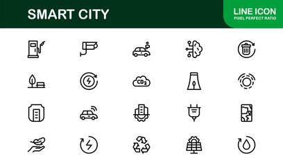 Smart City Line Icon Set – Modern, minimal, and professional smart city symbols representing urban innovation, mobility, infrastructure, and digital services