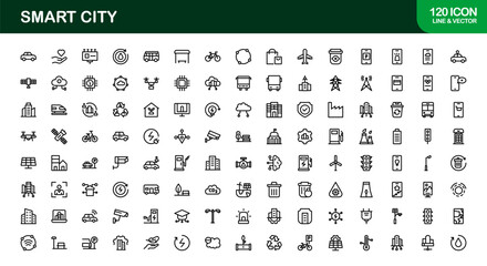 Smart City Line Icon Set – Modern, minimal, and professional smart city symbols representing urban innovation, mobility, infrastructure, and digital services