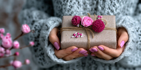 A close-up of hands in a cozy grey knitted sweater, holding a beautifully wrapped gift box adorned with pink flowers, berries, and twine.