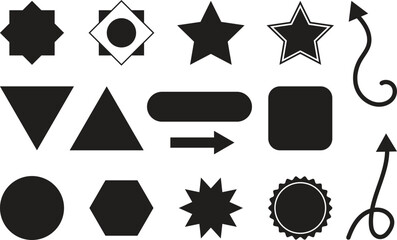 Collection of black geometric shapes arrows and design elements for graphic design
