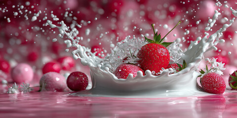 A dynamic splash of white liquid around fresh, red strawberries and white floral elements, with tiny droplets suspended in the air, against a blurred pink background with red spheres