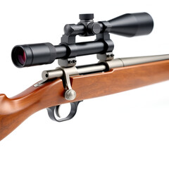 Bolt action rifle with a wood stock and high-powered riflescope isolated on a white background.