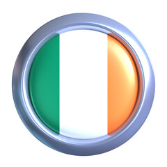 3D Ireland Flag Emblem with circle metallic frame, showcasing national emblem detail in a polished, modern design. Perfect for apps, UI, or educational use