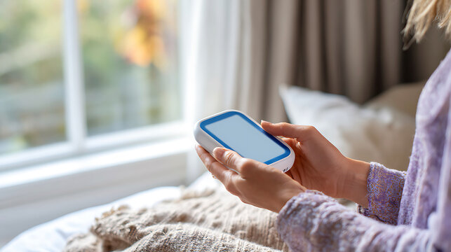 Person holding a pulse oximeter device by a window