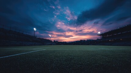 Dusk settles over an empty soccer field, stadium lights illuminate the twilight sky painted with vibrant pink and purple hues.  Grass, stands, and distant city lights are visible