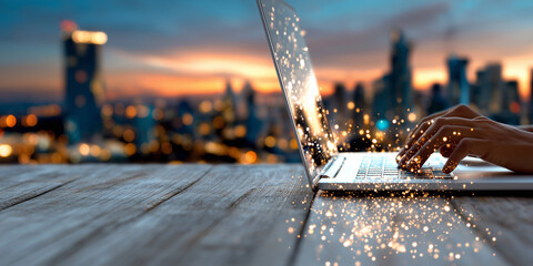 A dynamic shot of hands typing on a laptop, with sparkling light particles emerging from the keyboard,