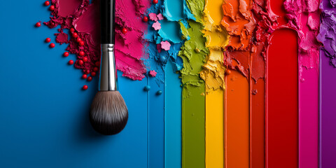 A vibrant top-down view of a makeup brush resting on a palette of colorful, textured pigments that form a rainbow spectrum against a blue background.