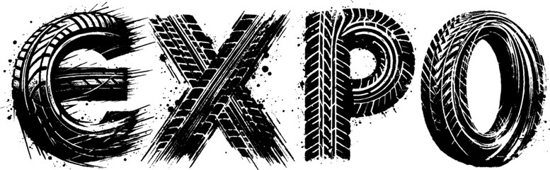 Illustration showcasing the word 'EXPO' created using tire tracks, symbolizing automotive or exhibition themes in a bold and creative style.