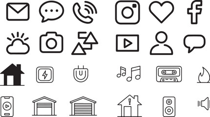 Assorted Black and White Iconography Depicting Common Social Media Symbols, Home Appliances, and Musical Notations in a Simple Style