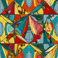 Colorful abstract pattern forming triangles with organic and geometric shapes. AI generated image