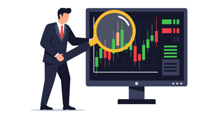 A businessman in a suit analyzes stock market data on a computer screen using a magnifying glass, illustrating financial analysis.