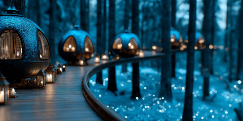 A mystical forest path with glowing orbs and lanterns leading to futuristic, pod-like structures, creating an enchanted and serene atmosphere.
