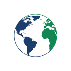 Stylized blue and green Earth globe icon for global business, internet connection, environmental protection, and international travel