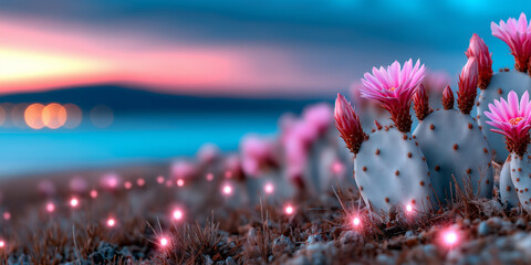 A mesmerizing desert landscape at dusk with pastel-colored cacti blooming with pink flowers, adorned with sparkling glowing lights, set against a blurred background of a tranquil lake and sunset sky