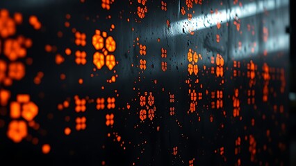 Glowing orange patterns dance across an industrial metal surface, creating an abstract play of light and shadow.