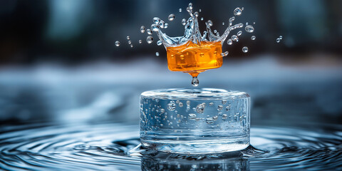 A dynamic and refreshing splash of orange liquid creating a crown shape, falling onto a clear ice-like cylinder in water, with subtle ripples. Ideal for themes of drinks, freshness, and abstract 