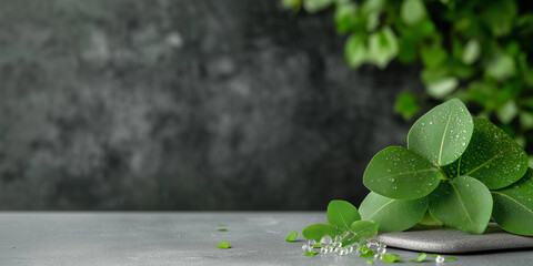 A clean and natural spa scene featuring fresh green leaves with water droplets, clear essential oil capsules, and smooth grey stones, all on a light grey surface against a blurred dark textured backgr