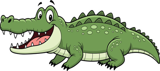 Cartoon crocodile with happy face, open mouth and green scales, friendly animal mascot character, cad sketch, flat vector illustration