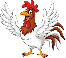 Cartoon rooster with red comb, blue eyes, white feathers, cheerful wings pose, yellow beak, animal character, cad drawing flat vector illustration
