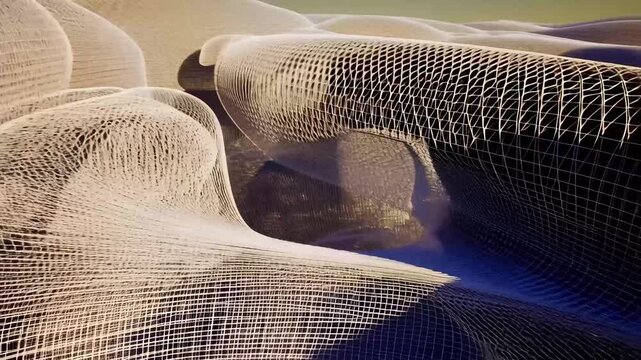 Witness a mesmerizing play of light and shadow over ethereal fabric-like structures. This abstract video captures the fluid movement and intricate patterns formed through delicate interplay of materia