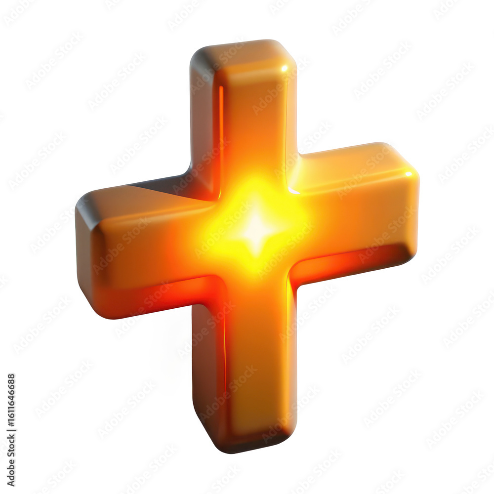 Poster golden plus sign symbol icon glowing with light effect for graphic design and creative projects use
