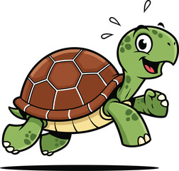 Cartoon turtle running fast with sweat, energetic expression and movement, green shell animal mascot, cad sketch, flat vector illustration