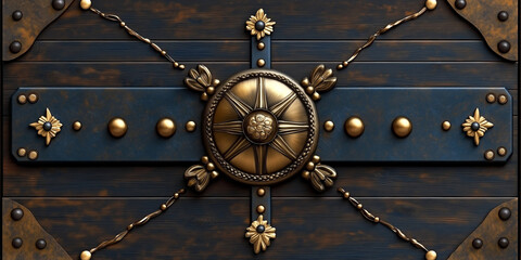 A breathtaking close-up of a rustic wooden surface adorned with intricate gold and blue metallic medieval-inspired decorative elements, resembling a treasure chest or ancient door.